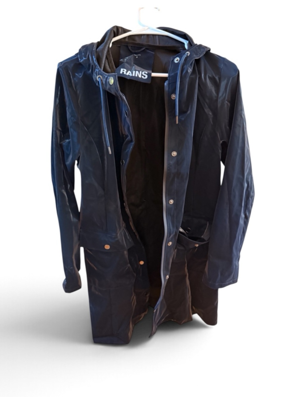 Rains Navy Hooded Trench Coat with Drawstring Waist